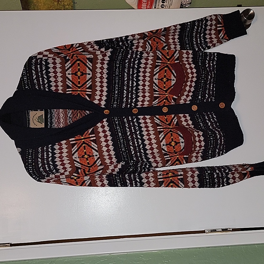 Vintage EUC Large Multicolor Orange Blue White Knitted Cardigan